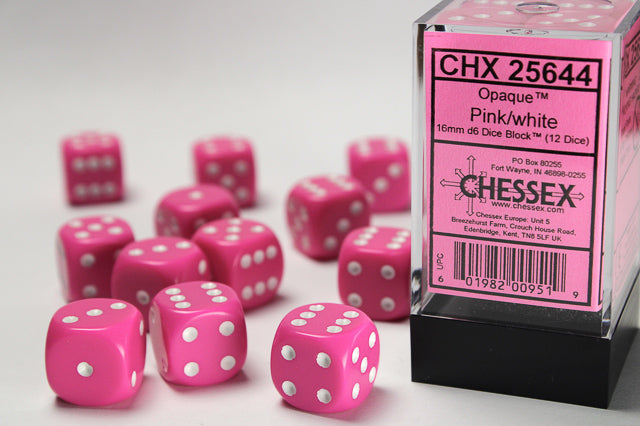 Opaque Pink/white 16mm d6 Dice Block (12 dice)