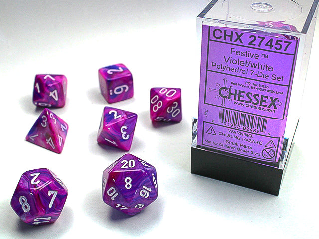 Festive Violet/white Polyhedral 7-Dice Set