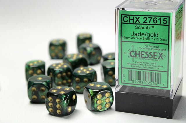 Scarab Jade/gold 16mm d6 Dice Block (12 dice)