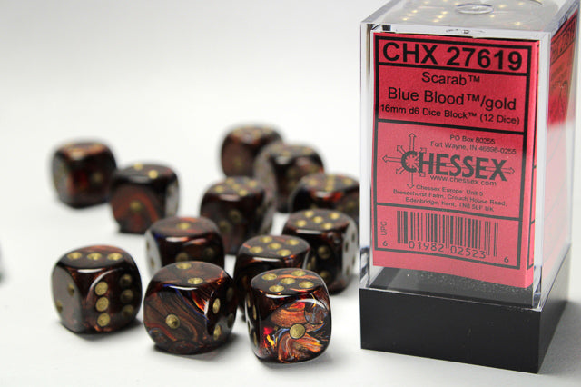 Scarab Blue Blood/gold 16mm d6 Dice Block
