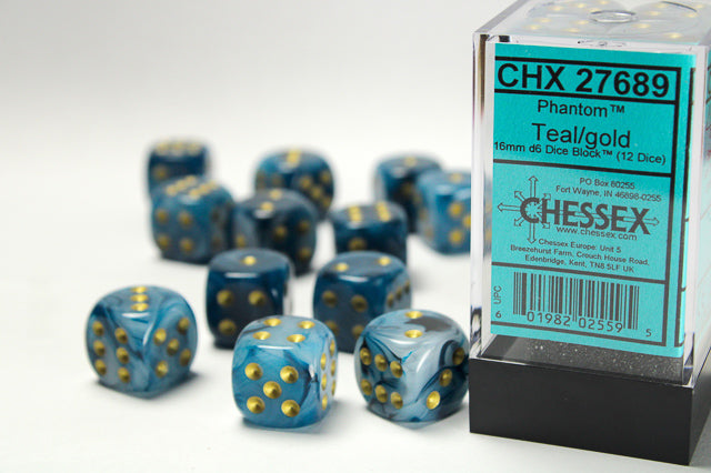 Phantom Teal/gold 16mm d6 Dice Block