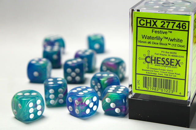 Festive Waterlily/white 16mm d6 Dice Block (12 dice)