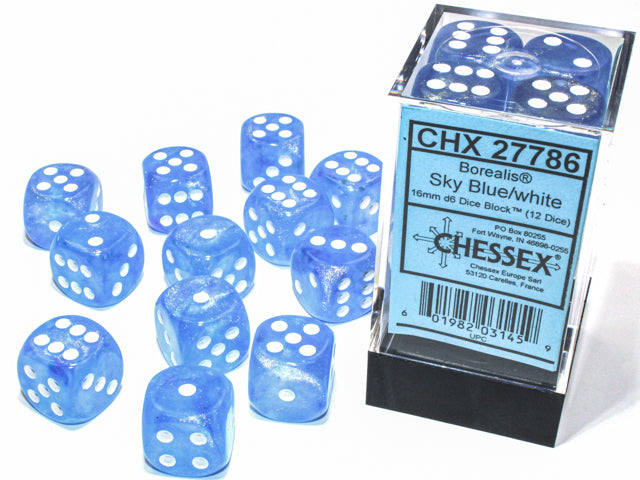 Borealis Sky Blue/white Luminary 16mm d6 Dice Block (12 dice)