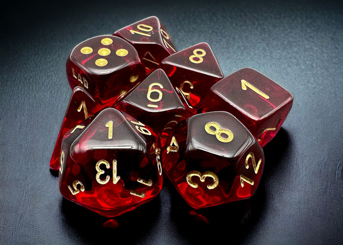Translucent Crimson/gold Polyhedral 7-Die Set (with bonus die)