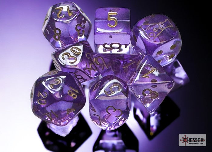 Translucent Lavender/gold Polyhedral 7-Die Set (with bonus die)