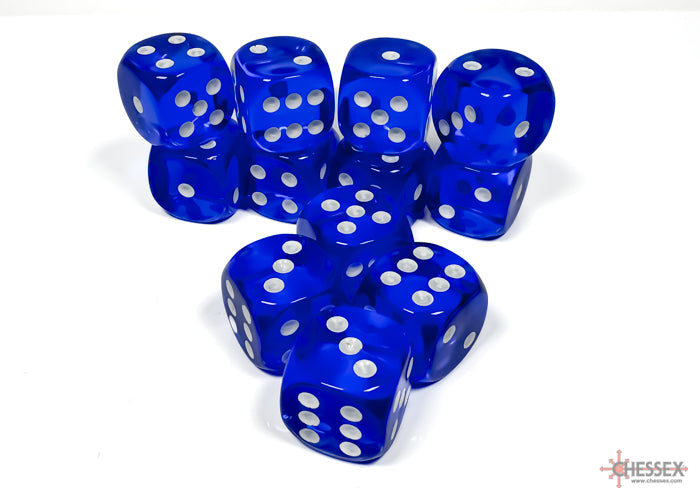 Translucent Blue/white 16mm d6 Dice Block (12 dice)