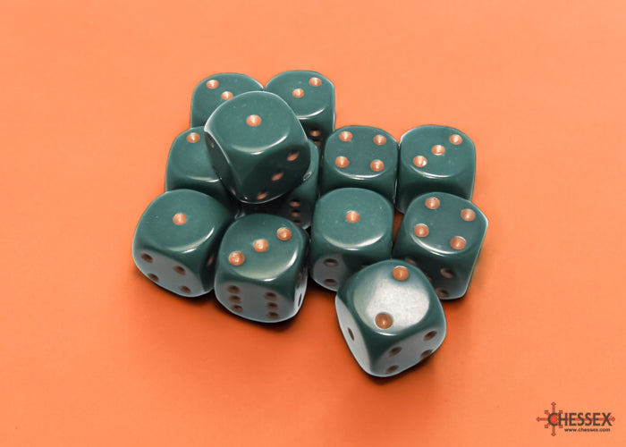 Opaque Dusty Green/copper 16mm d6 Dice Block (12 dice)