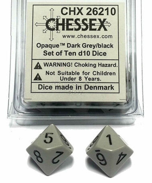 Opaque Polyhedral Dark Grey/Black Set of 10 d10s