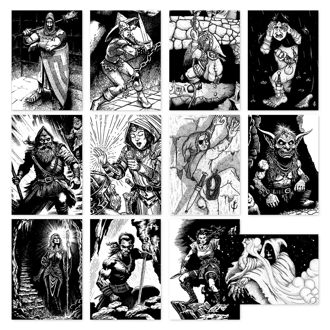 12 Premade 1st-Level Character Cards, Print + PDF (Shadowdark)