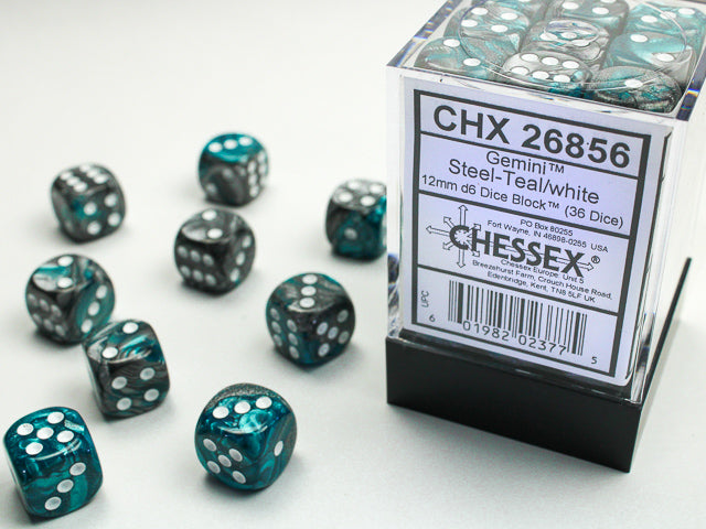 Gemini® 12mm d6 Steel-Teal/white Dice Block™ (36 dice)