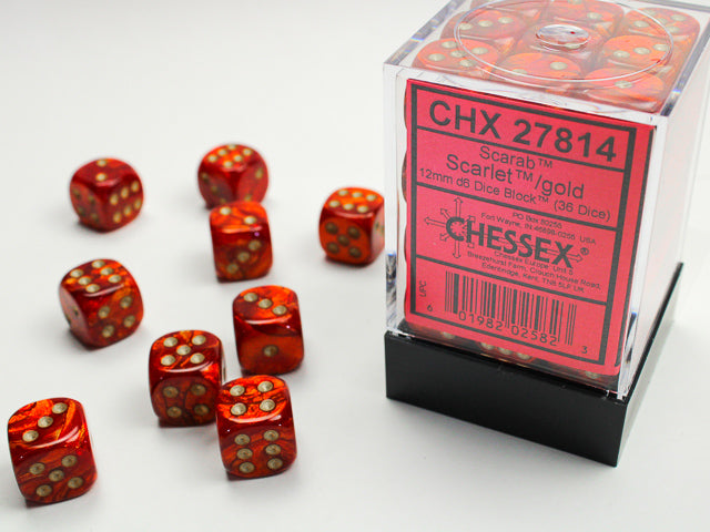 Scarab® 12mm d6 Scarlet™/gold Dice Block™ (36 dice)