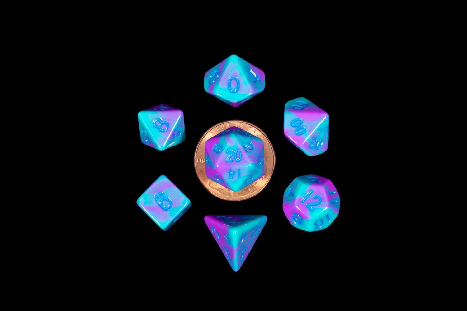 Purple/Teal w/Blue Numbers 10mm Mini Poly Dice Set