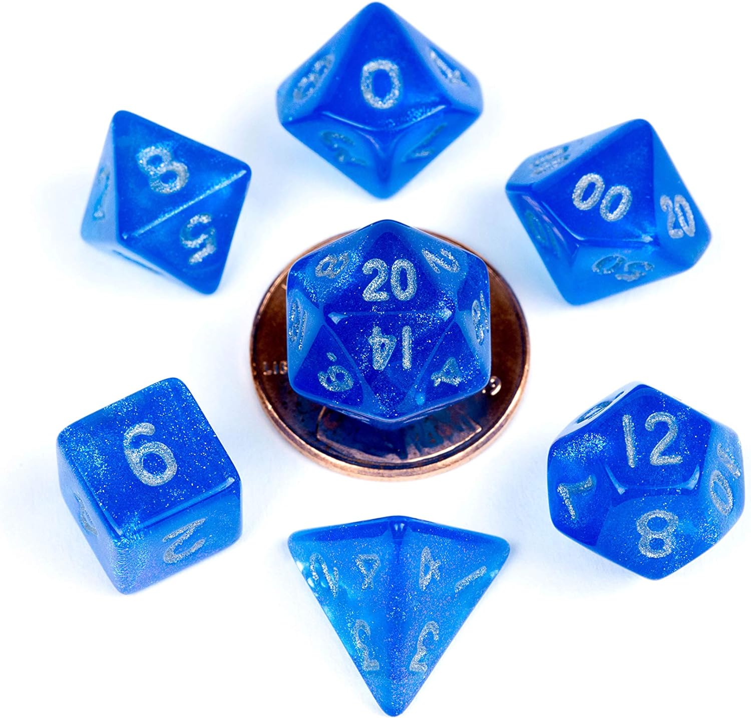 Stardust Blue w/ Silver Numbers 10mm Mini Poly Dice Set