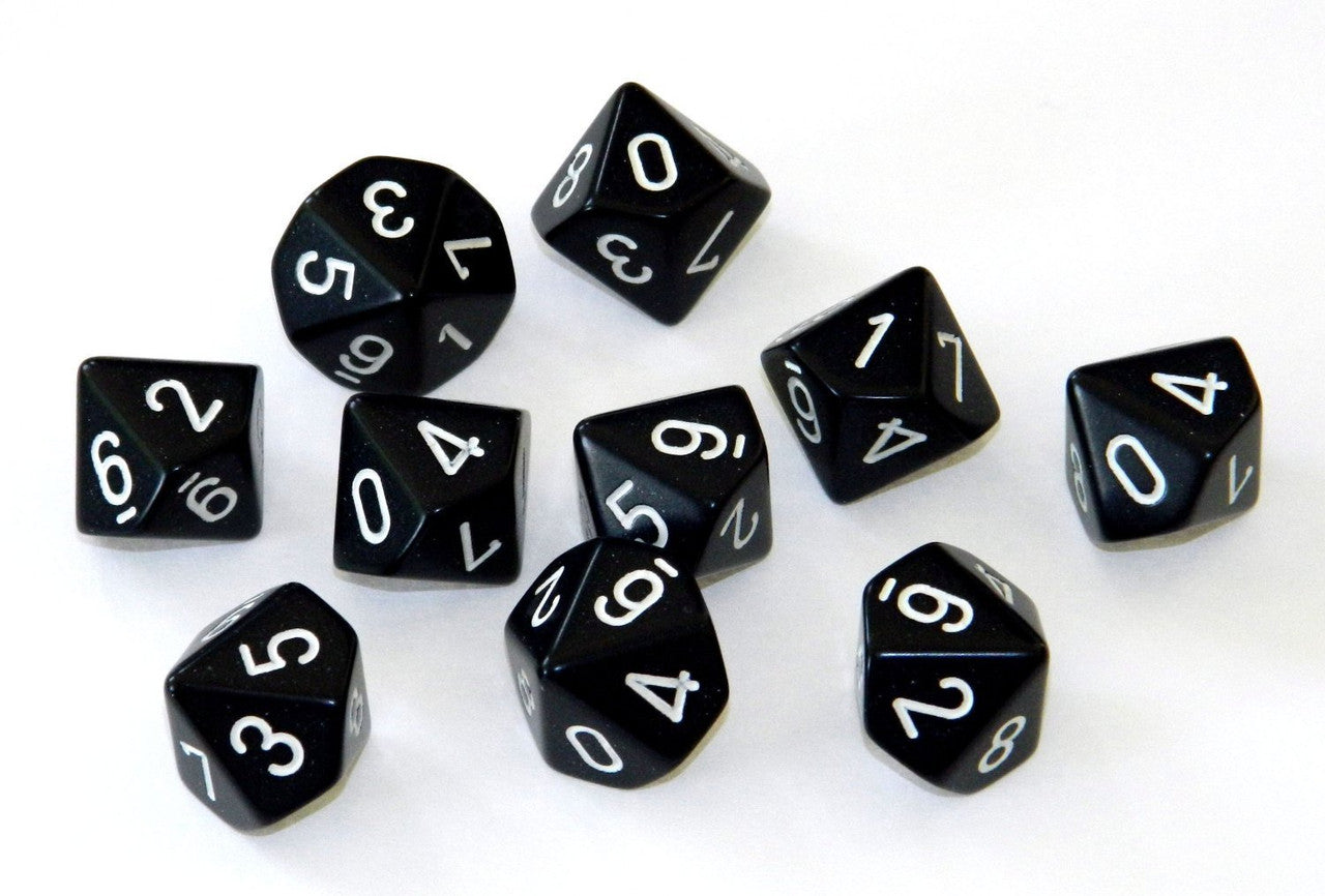 Opaque Polyhedral Black/White Set of 10 d10s