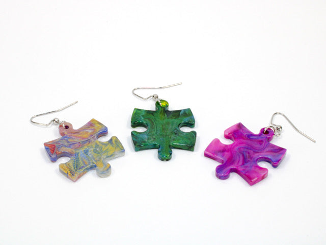 Hook Earrings Festive Puzzle Piece Pair (Assorted Dice Colors)