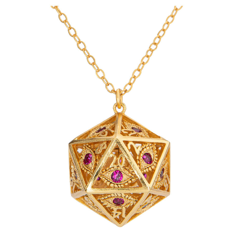 Dragon's Eye D20 Necklace - Gold with Ruby Gems