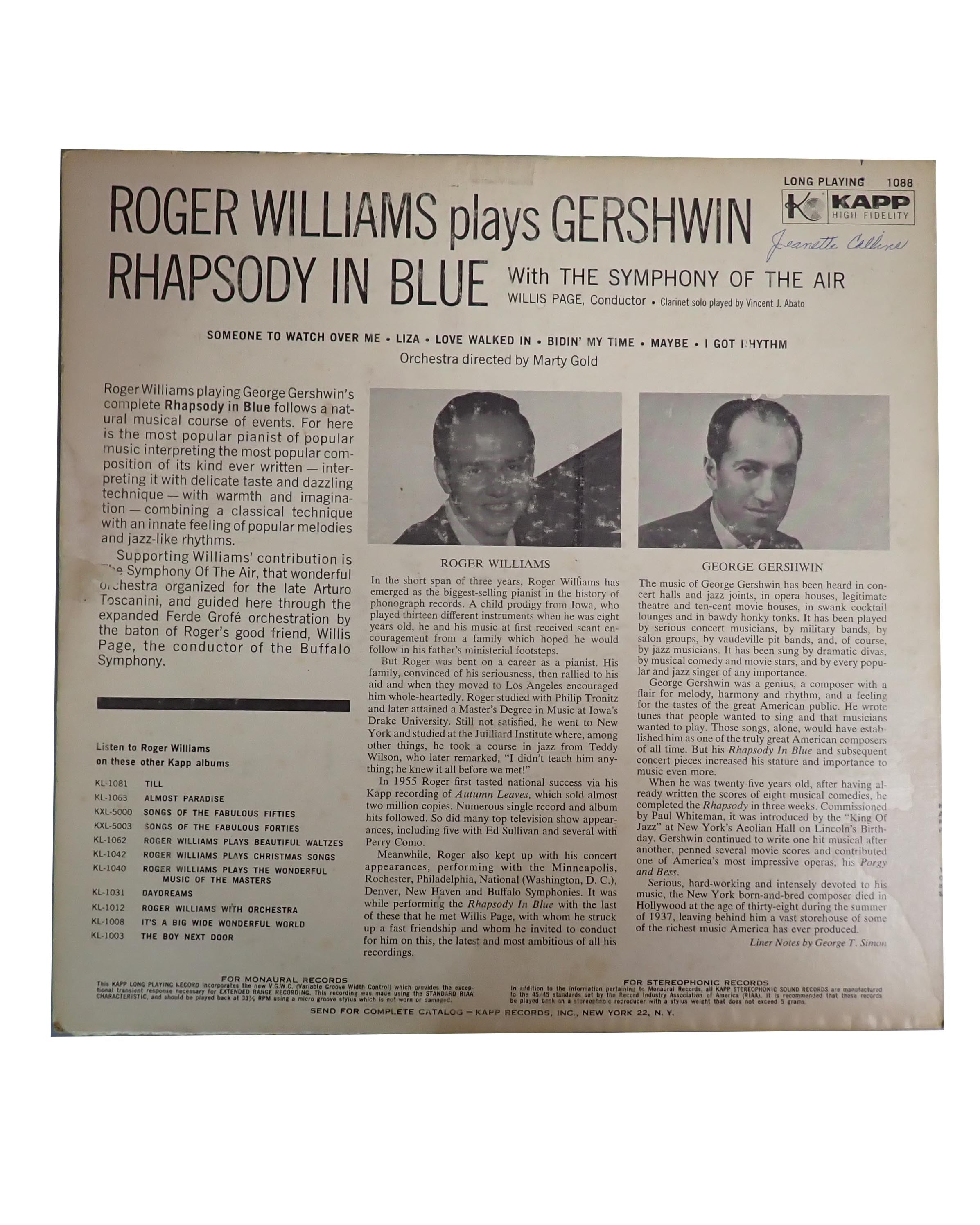 Roger Williams - Plays Gershwin Rhapsody in Blue - Vinyl