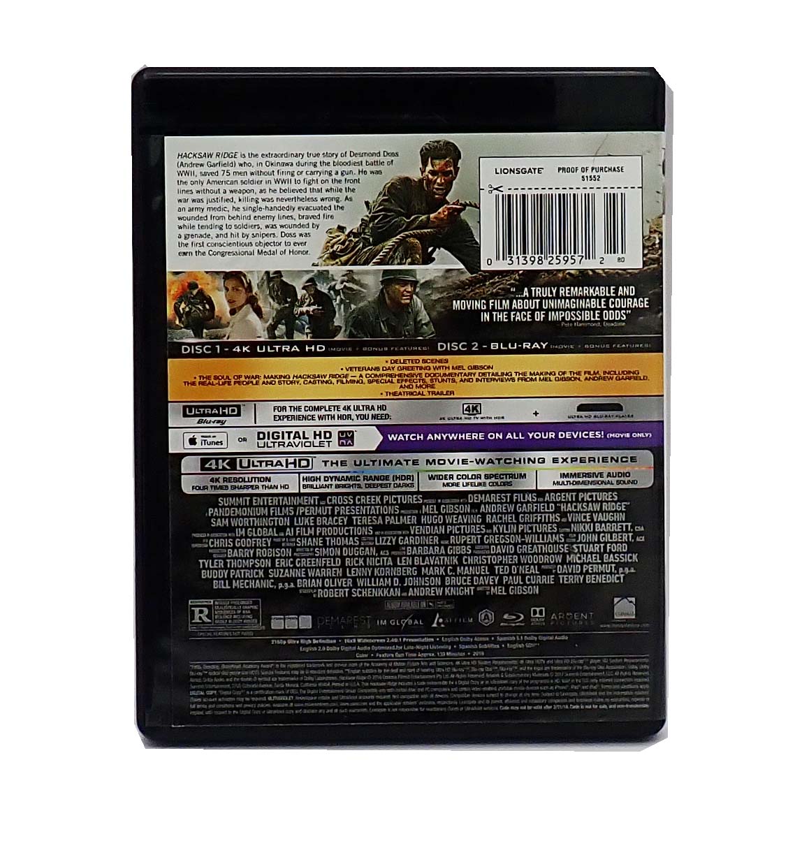 Hacksaw Ridge - 4K Blu Ray DVD and Digital (Pre-Owned)