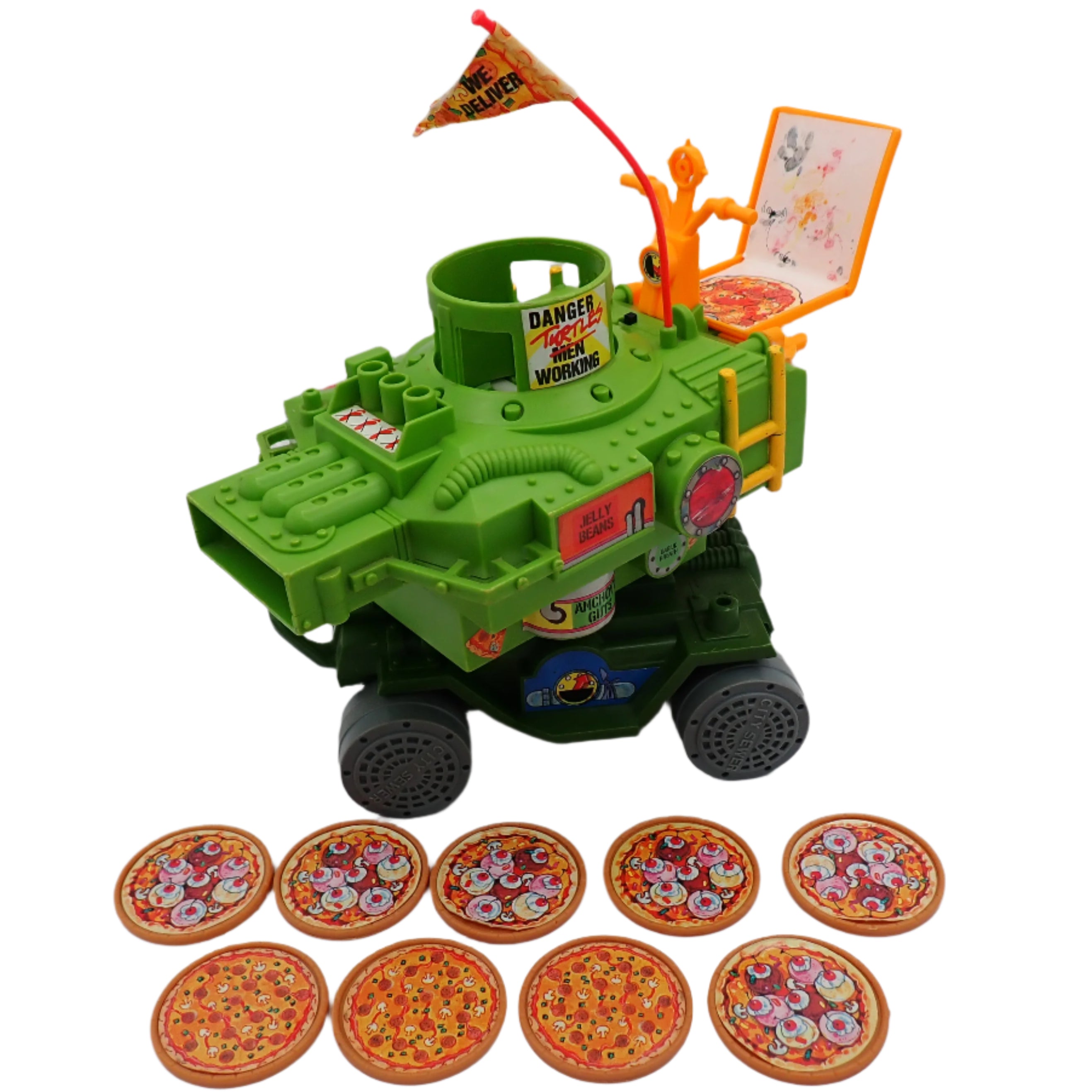 Toy vehicle with pizza-themed accessories on a white background