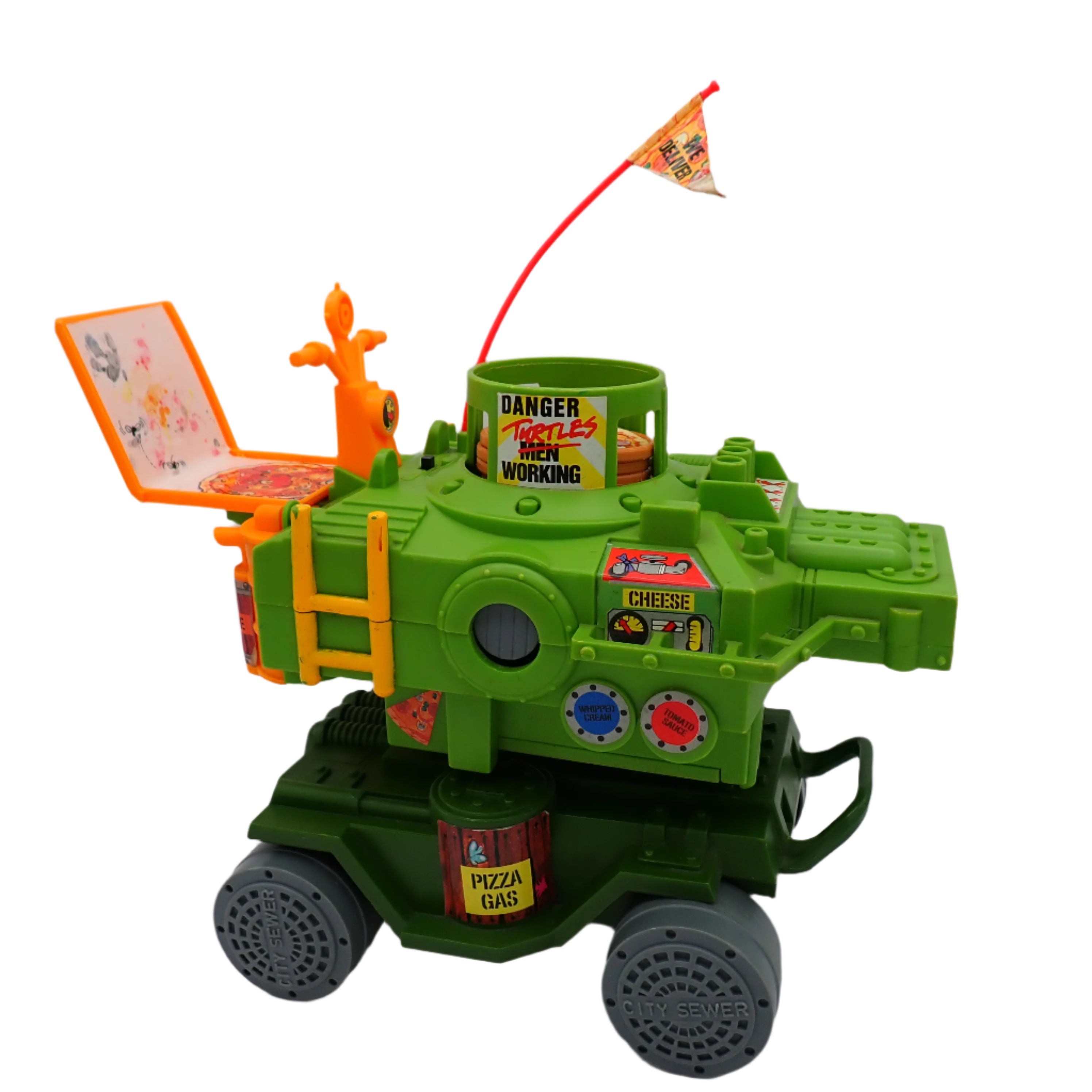 Toy vehicle with green and orange design on a gray background
