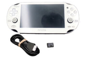 Sony PlayStation Vita gaming console with charging cable and microSD card