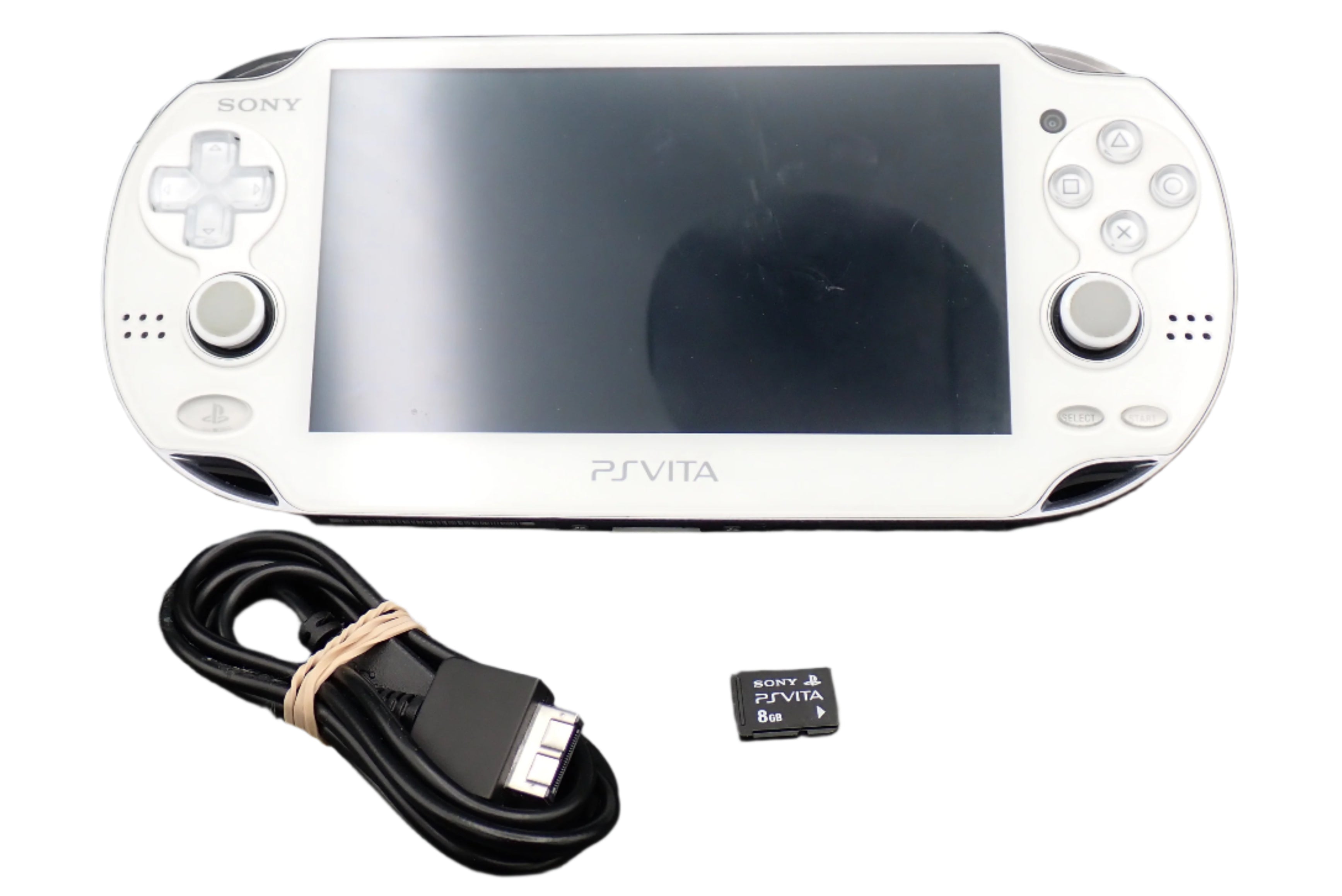 Sony PlayStation Vita gaming console with charging cable and microSD card