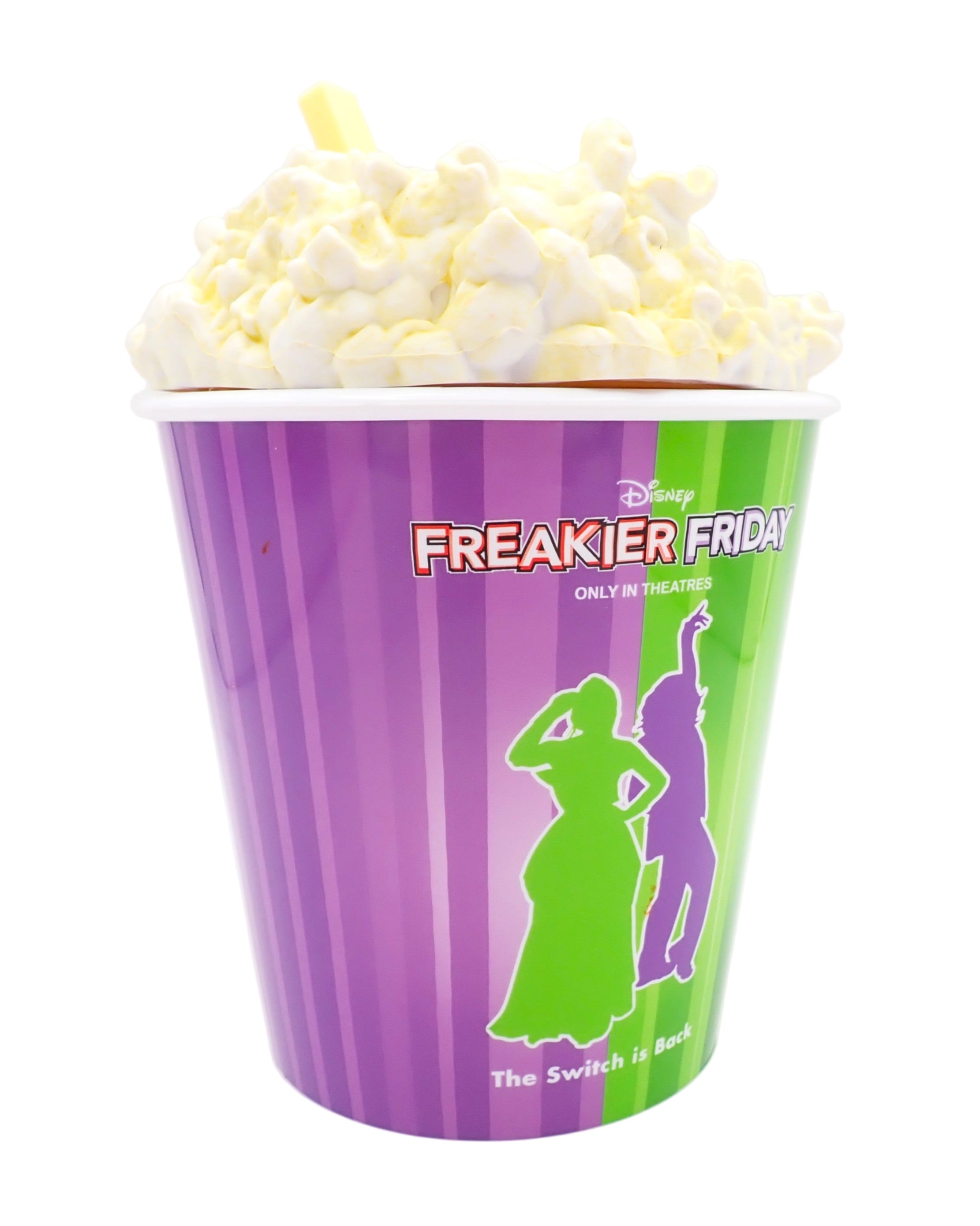 Popcorn bucket with 'Freakier Friday' branding on a white background