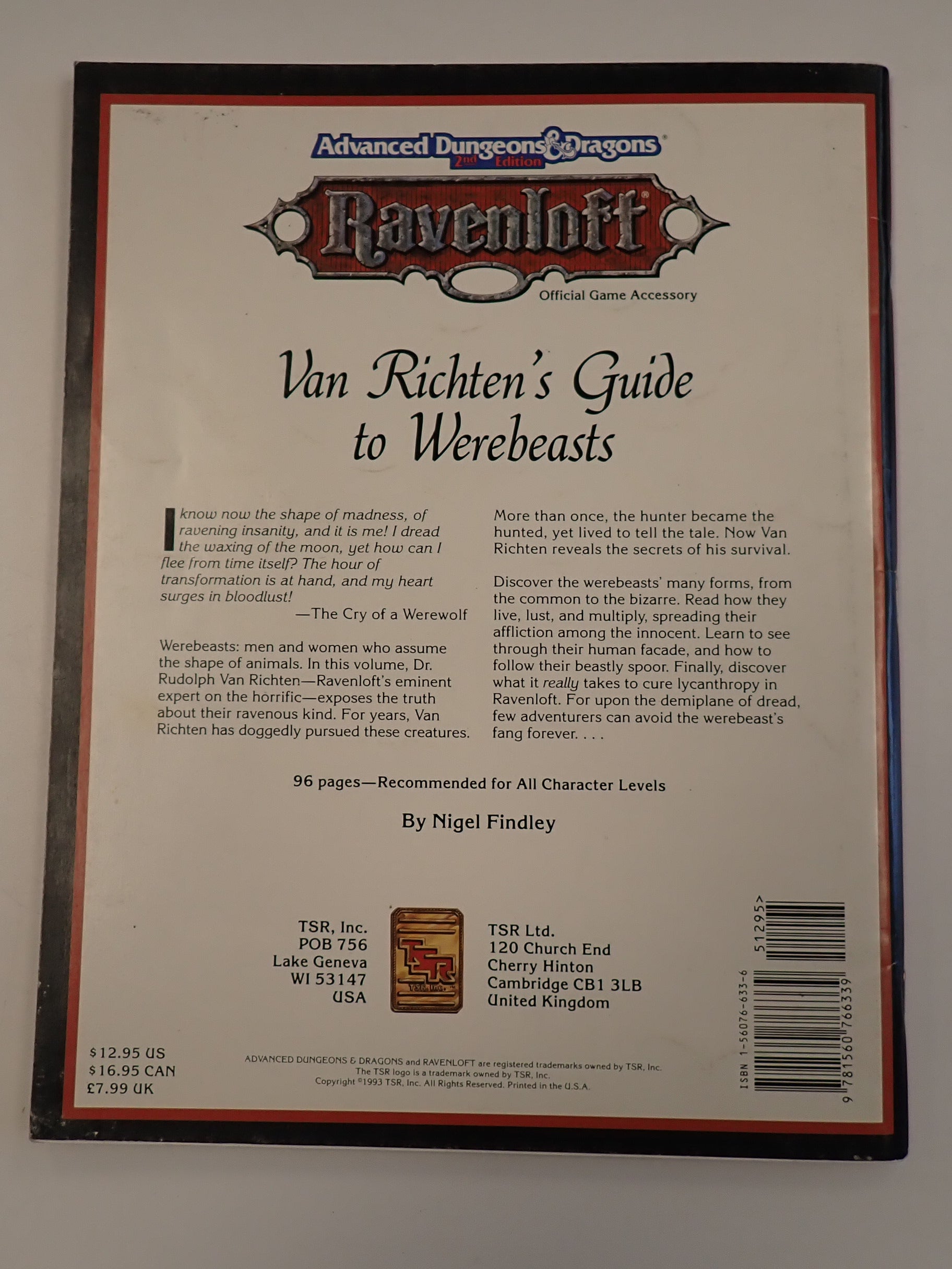 Ravenloft Van Richten's Guide to Werebeasts - AD&D 2nd Edition (Pre-Owned)