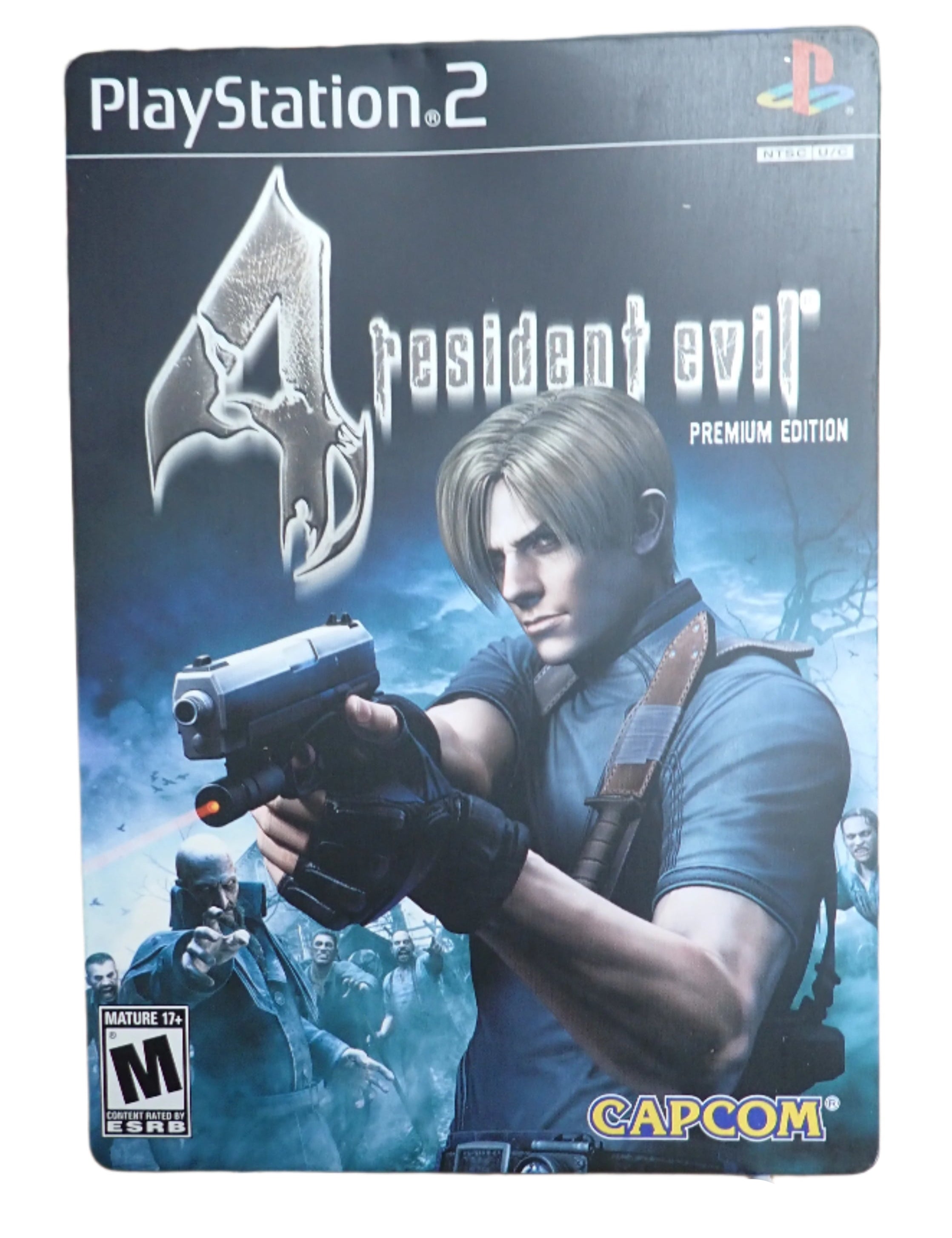A PlayStation 2 game disc for 'Resident Evil 4: Premium Edition' with visible dent on the back left corner.