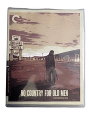 DVD cover of 'No Country for Old Men' with a man standing in front of a motel.