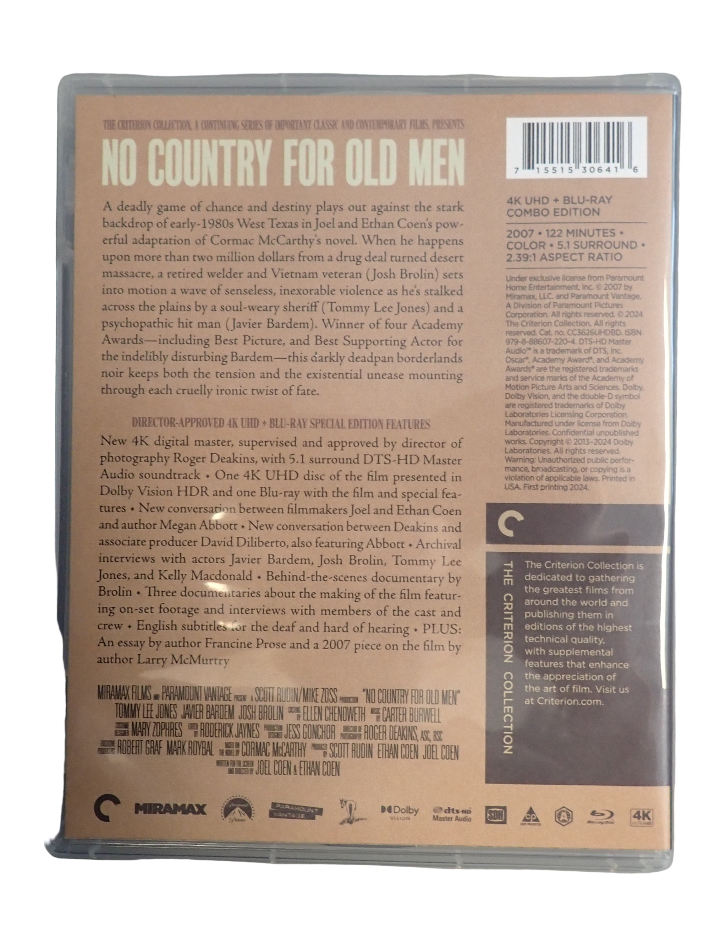 Back cover of a DVD case for 'No Country for Old Men' with text and branding.