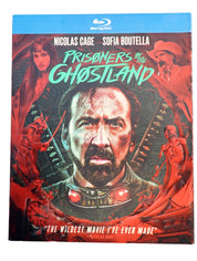 Blu-ray cover of 'Prisoners of the Ghostland' with Nicolas Cage and Sofia Boutella on a gray background