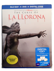Blu-ray and DVD cover of 'The Curse of La Llorona' with a ghostly figure reaching out.