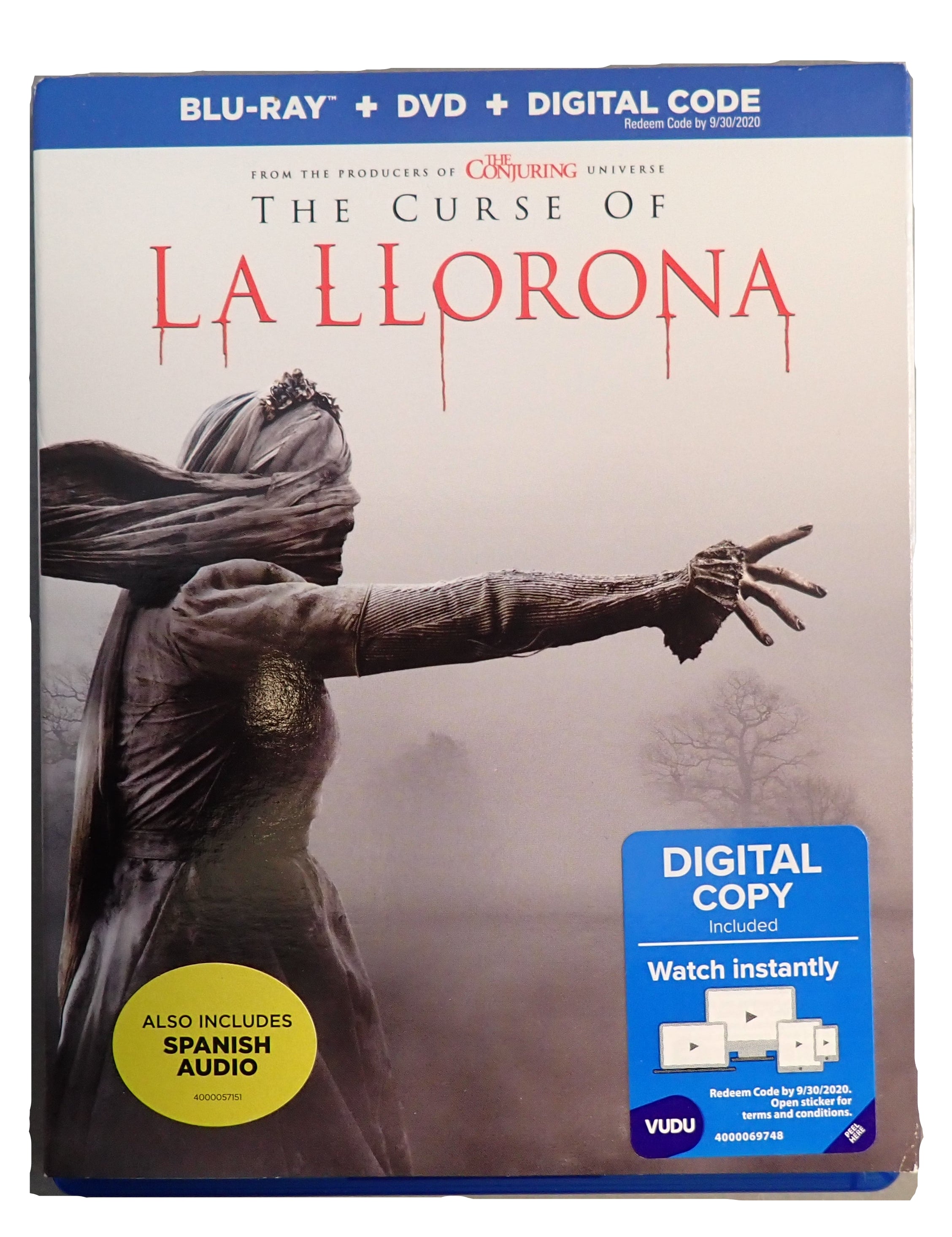 Blu-ray and DVD cover of 'The Curse of La Llorona' with a ghostly figure reaching out.