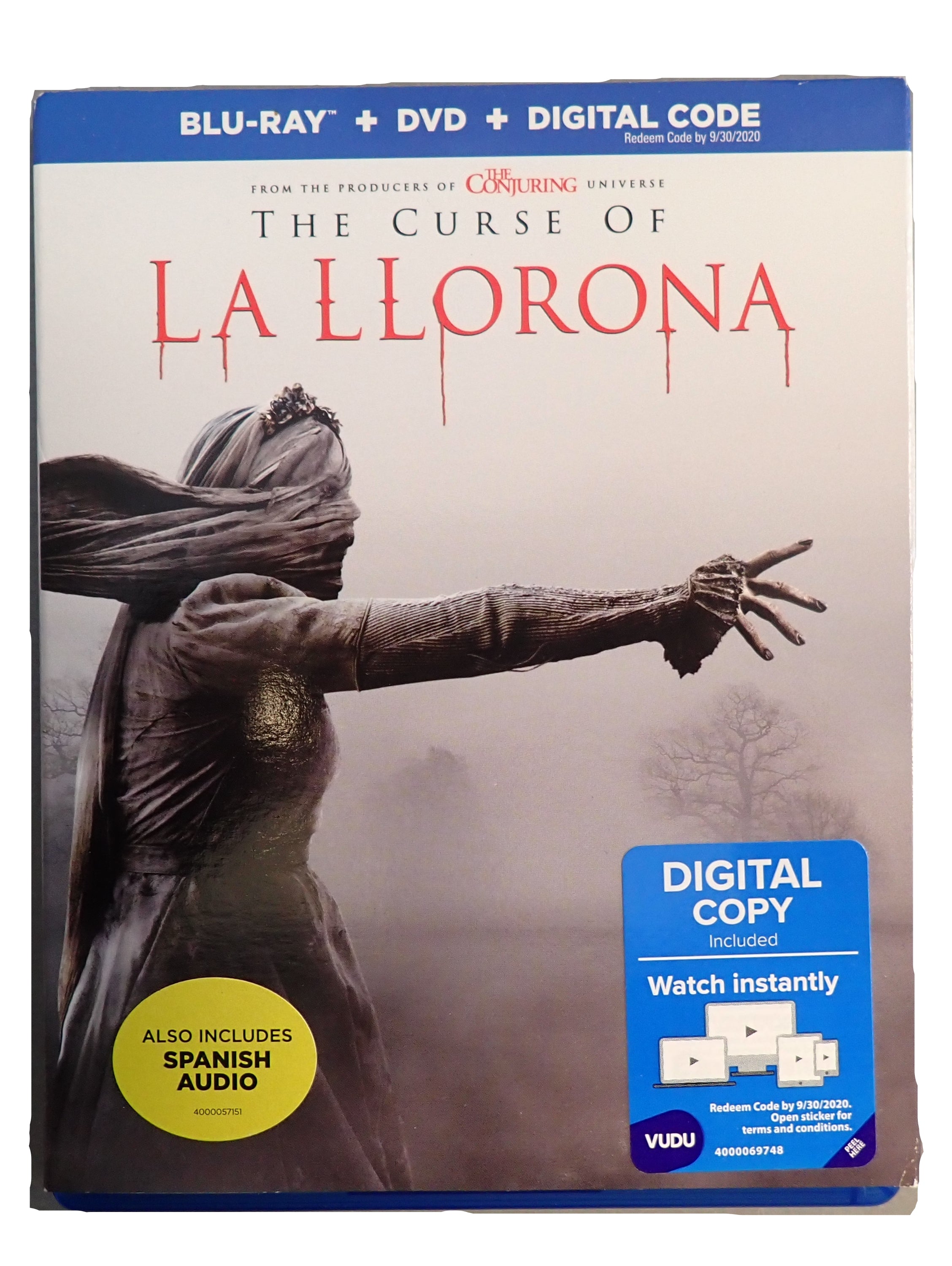 Blu-ray and DVD cover of 'The Curse of La Llorona' with a ghostly figure reaching out.