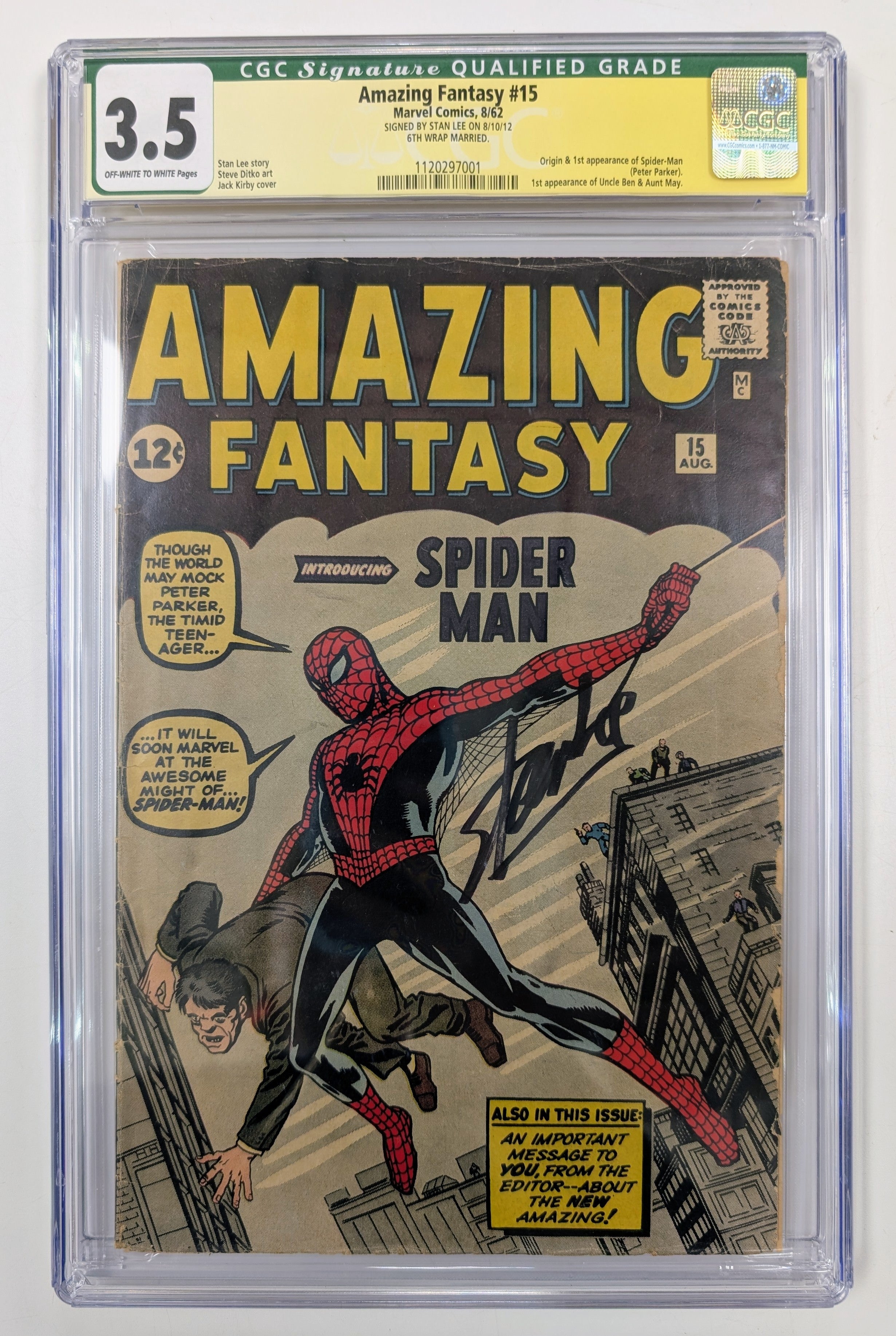 Amazing Fantasy #15 (1962) - CGC 3.5 - Signed by Stan Lee - $38,000