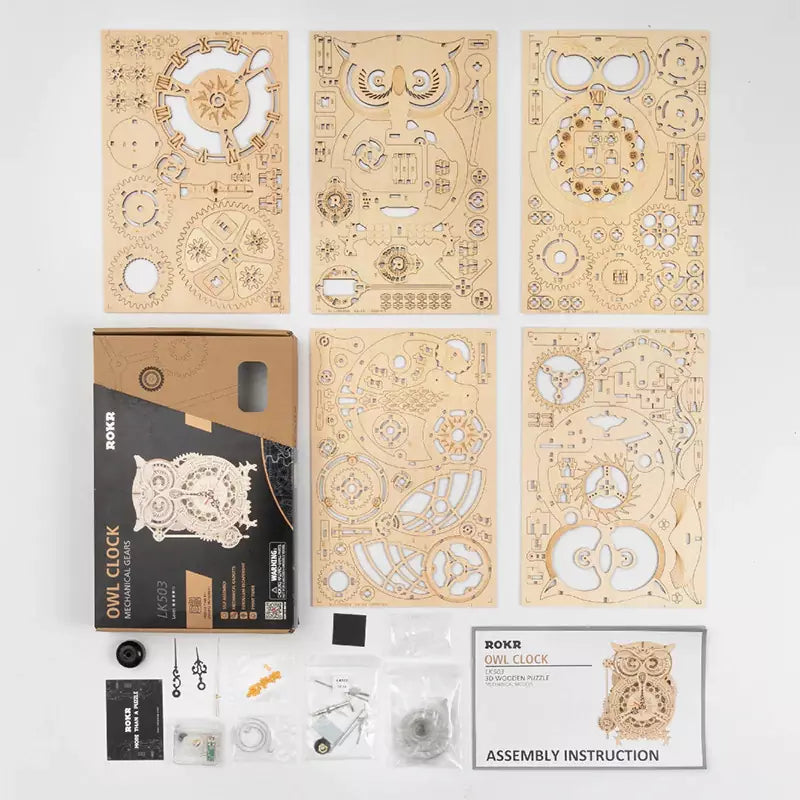 3D Mechanical DIY Wooden Puzzle: Working Owl Clock