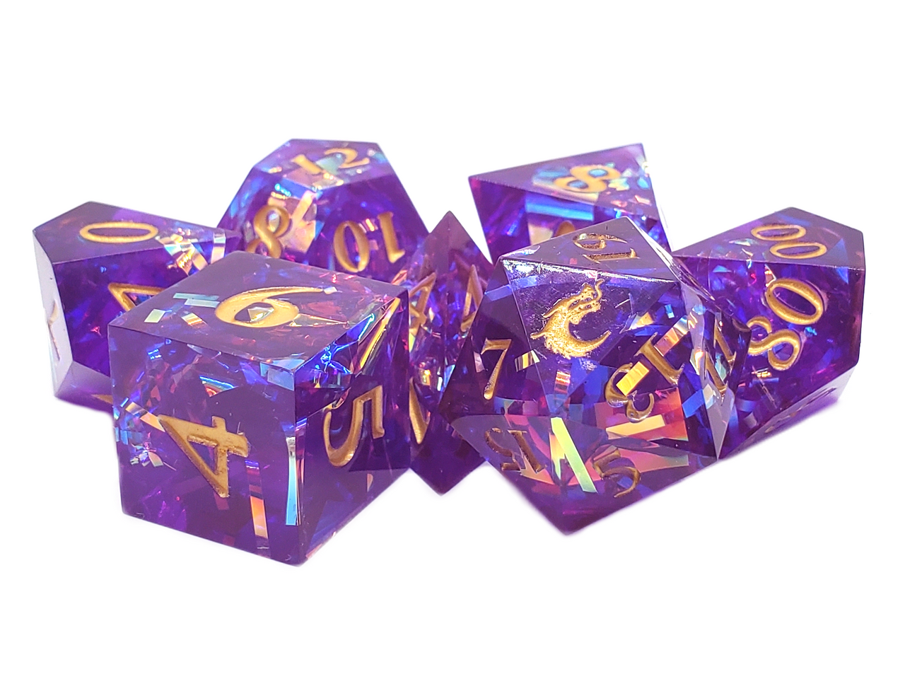 Old School 7 Piece DnD RPG Dice Set: Sharp Edged - Amethyst Blast