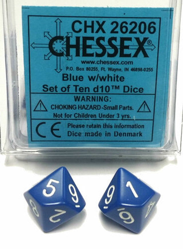 Opaque Polyhedral Blue/White Set of 10 d10s