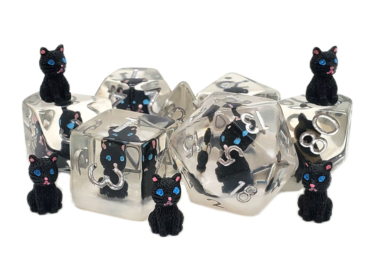 Old School 7 Piece DnD RPG Dice Set: Animal Kingdom - Cat - Black