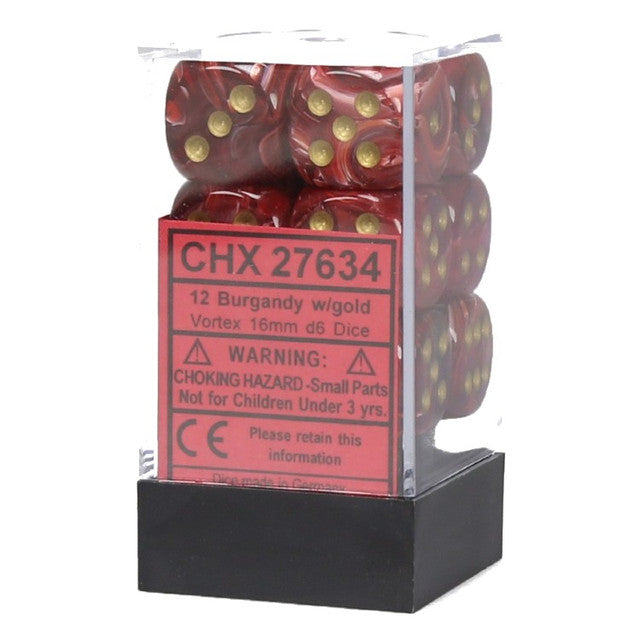 Chessex Dice: Vortex - 16mm D6 Burgundy/Gold (12)