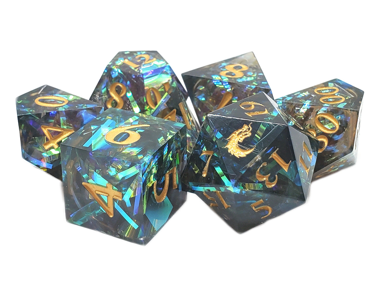 Old School 7 Piece DnD RPG Dice Set: Sharp Edged - Citrine Blast