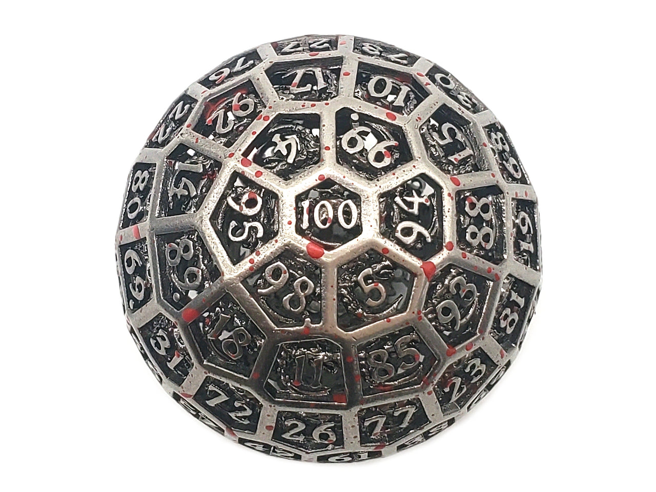 Old School Dice: Hollow Metal 50mm D100 - Dragon's Head - Ancient Silver w/ Blood