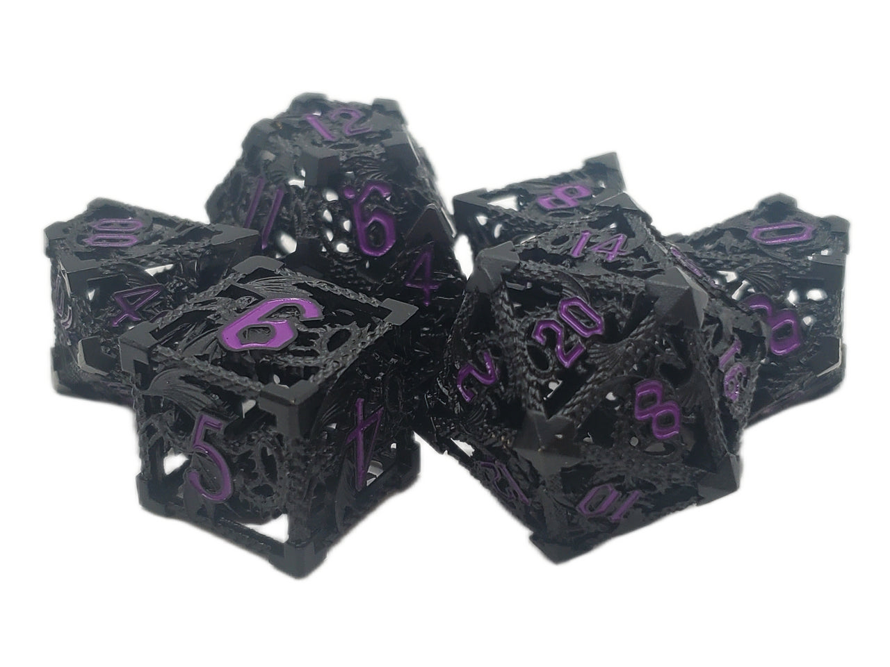 Old School Dice: Hollow Metal 7-Piece Set - Dragon - Black w/ Purple