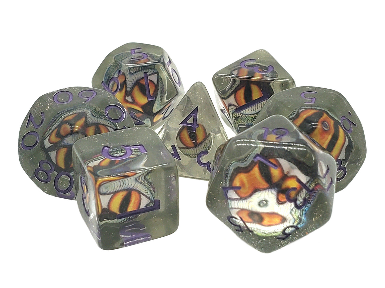 Old School 7 Piece DnD RPG Dice Set: Infused - Dragon Eye - Green w/ Purple