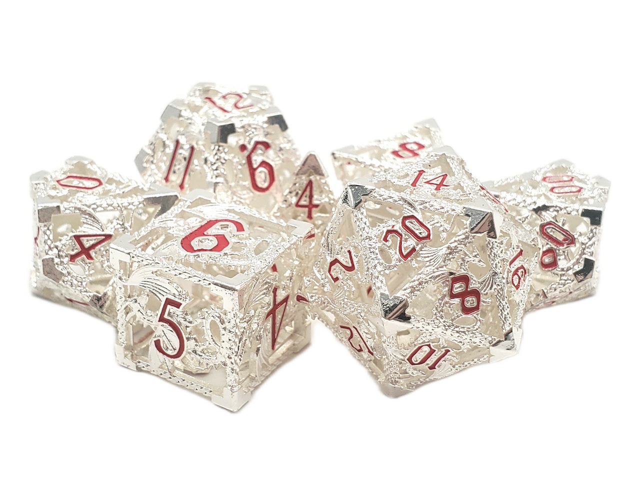 Old School Dice: Hollow Metal 7-Piece Set - Dragon - Silver w/ Red
