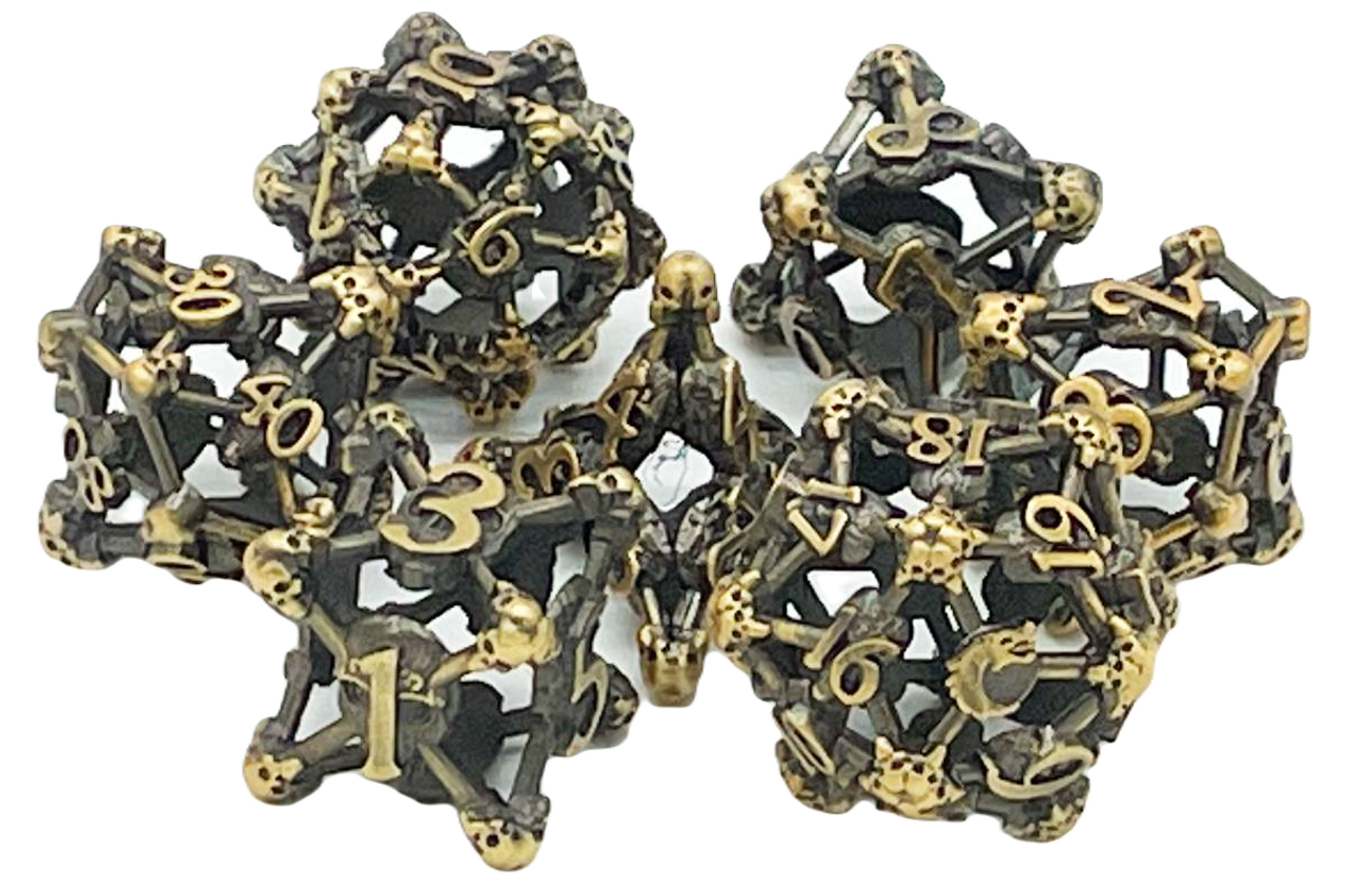 Old School 7 Piece DnD RPG Metal Dice Set: Hollow Skull Dice - Ancient Gold
