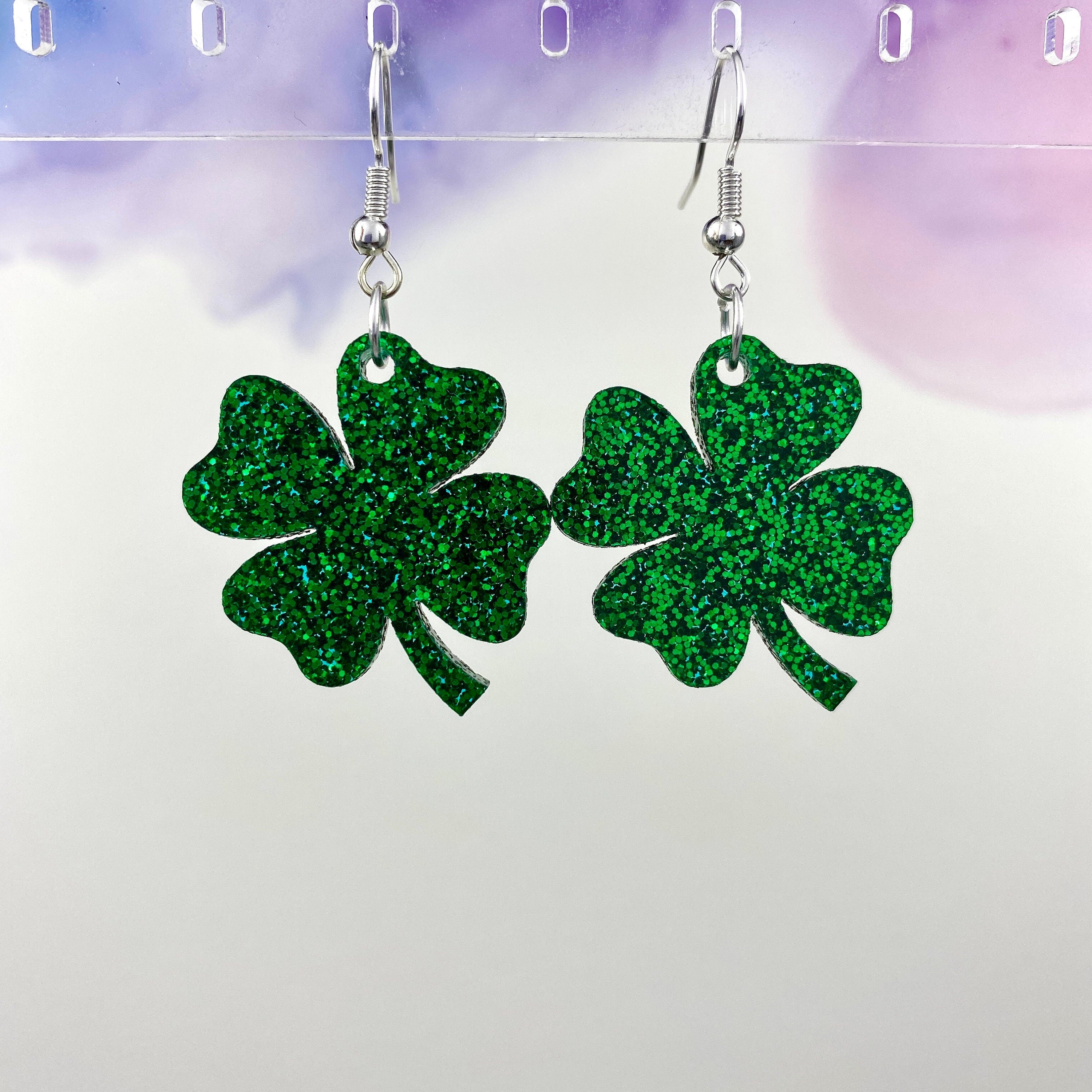 Glitter Shamrock Dangle Earrings - 3 Leaf