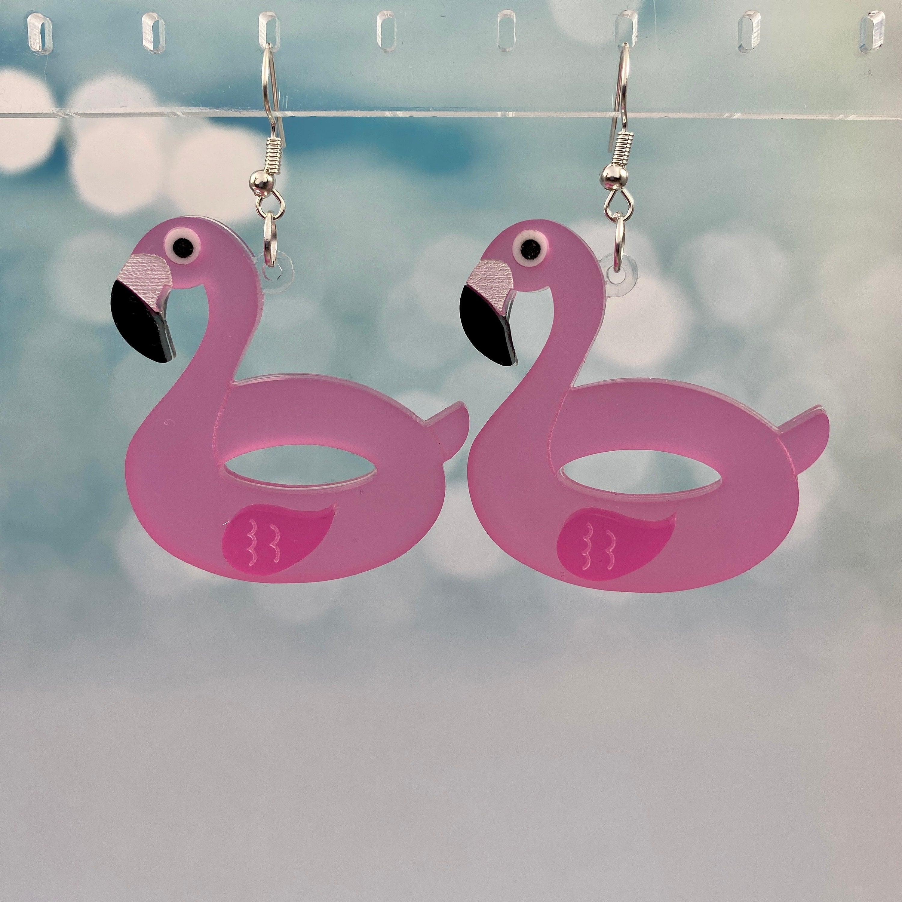 Flamingo Pool Float Dangle Earrings - Glitter Jelly Pink