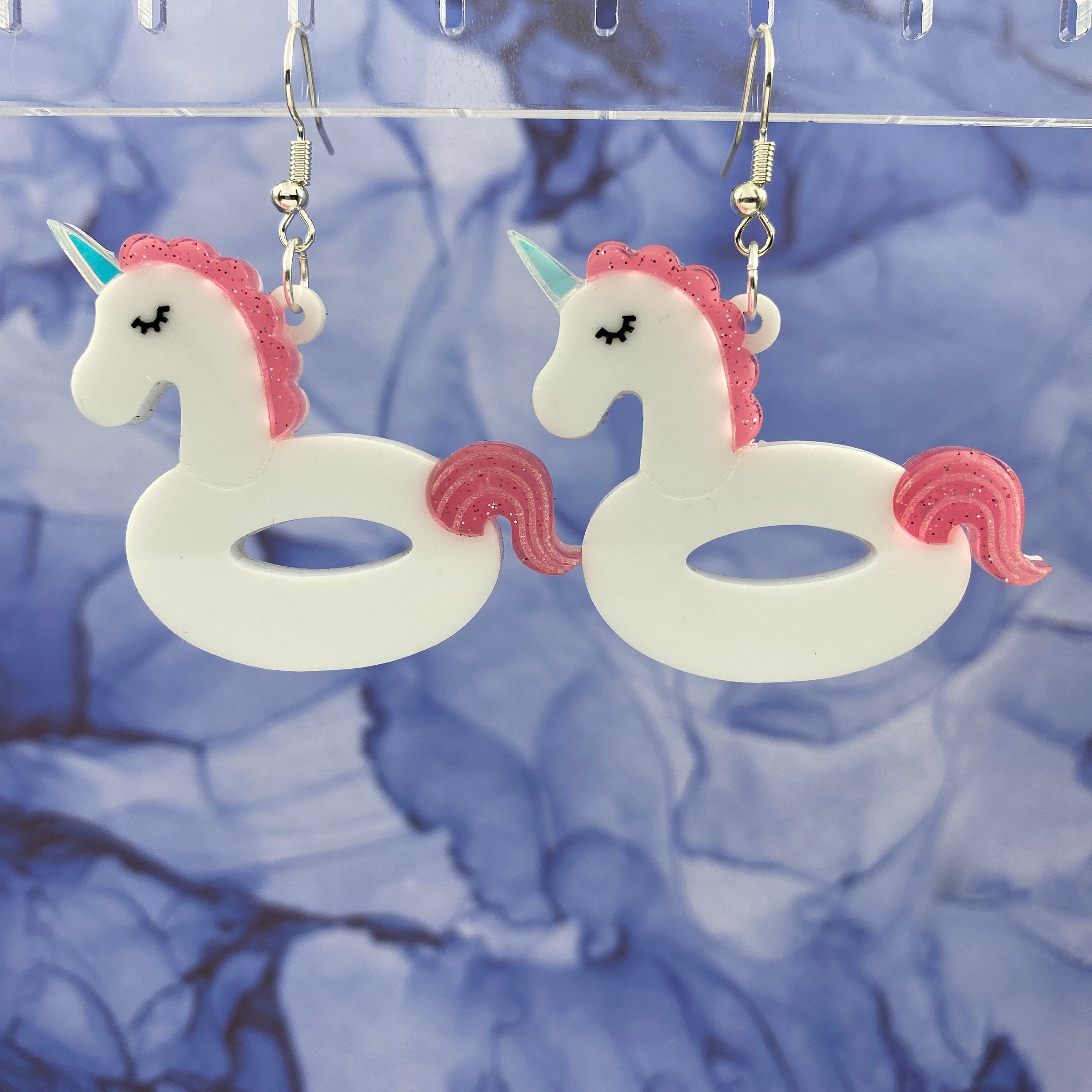 Unicorn Pool Float Dangle Earrings - Blue